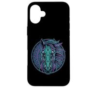 Carcasa para iPhone 16 Plus Retrato de Caballo Estilo Cyberpunk Verde Azulado Púrpura Mandala Circuitry