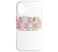 Carcasa para iPhone 16 Plus She Is Strong Proverbs 31:22 Gráfico Floral