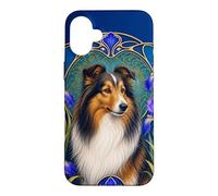 Carcasa para iPhone 16 Plus Sheltie Dog Art Nouveau Iris Diseño Floral