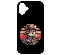 Carcasa para iPhone 16 Plus Steampunk Cat Retro Sunset Gafas, Sombrero y Relojes