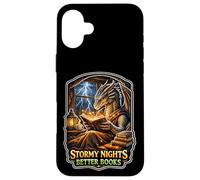 Carcasa para iPhone 16 Plus Stormy Night Cozy Dragon Reading Fantasía Criatura