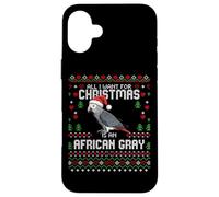 Carcasa para iPhone 16 Plus Suéter Feo navideño con diseño de Loro Gris Africano All I Want Christmas