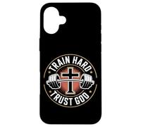 Carcasa para iPhone 16 Plus Train Hard Trust God Entrenamiento Fitness Cristiano