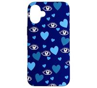 Carcasa para iPhone 16 Plus White Eye Lashes Turkish Blue Hearts Pattern