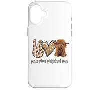 Carcasa para iPhone 16 Plus Womens Girls Peace Love Heifer Scottish Highland Cow Lover