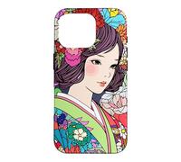 Carcasa para iPhone 16 Pro Arte de Anime Kawaii Japanese Vibe Kimono Girl Flowers