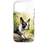 Carcasa para iPhone 16 Pro Boston Terrier Acuarela Perro Bosque Naturaleza Amante Bos