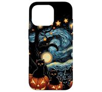 Carcasa para iPhone 16 Pro Calabaza de Noche Estrellada de Gatos Negros de Halloween Espeluznante