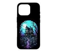 Carcasa para iPhone 16 Pro Casa embrujada Luna de Sangre Arte de Grabado en Madera