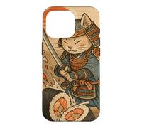 Carcasa para iPhone 16 Pro Divertido Sushi Samurai Cat Dojo Puesta de Sol Ukiyo-e Manga Kanji Art