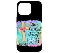 Carcasa para iPhone 16 Pro Ella está Vestida de Fuerza y dignidad Escritura Cristiana