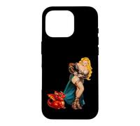 Carcasa para iPhone 16 Pro Fantasy Barbarian Pinup Woman Red Baby Dragon Tugging Skirt