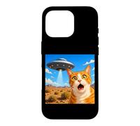 Carcasa para iPhone 16 Pro Funny Shocked Cat UFO Desert Alien Encounter Graphic
