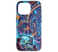 Carcasa para iPhone 16 Pro Futurista Cyberpunk PC Gamer y Retro Pixel Art RPG Fantasía