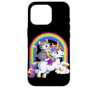 Carcasa para iPhone 16 Pro Gato Montando Unicornio Arco Iris Fantasía Lindo