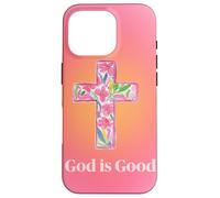 Carcasa para iPhone 16 Pro God Is Good, Rosa Degradado, con Estampado Floral, Cruz Cristiana, Bonita para Verano