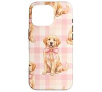 Carcasa para iPhone 16 Pro Golden Retriever Puppy Lazo Rosa Gingham Sweet Dog Design