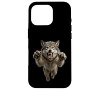 Carcasa para iPhone 16 Pro Gráfico de Animales Salvajes de Lobo Gris Saltando Feroz