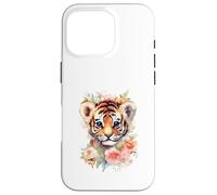 Carcasa para iPhone 16 Pro Linda Acuarela bebé Tigre Cara Floral Selva Arte