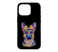 Carcasa para iPhone 16 Pro Lindo Pastor Alemán Perro Amante Gráfico Rosa Gafas Amarillo