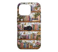Carcasa para iPhone 16 Pro Literary Cat Book Lover Floral Estantería Vitral