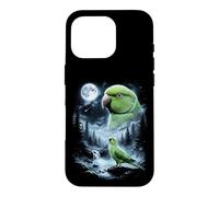 Carcasa para iPhone 16 Pro Loro Indio Ringneck Aullando a la Luna 90's Retro Bird