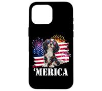 Carcasa para iPhone 16 Pro MAX American 4th July Fourth USA Flag Tri Color Cavalier Dog