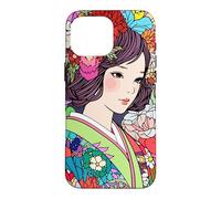 Carcasa para iPhone 16 Pro MAX Arte de Anime Kawaii Japanese Vibe Kimono Girl Flowers