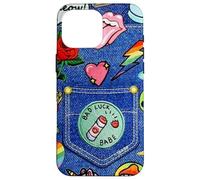 Carcasa para iPhone 16 Pro MAX Blue Denim Patch Pattern Bad Luck Babe 90s Diseño estético