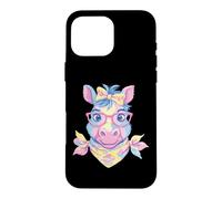 Carcasa para iPhone 16 Pro MAX Blue Pig Retrato Animal Lover Graphic Gafas Rosa Floral