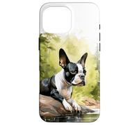 Carcasa para iPhone 16 Pro MAX Boston Terrier Acuarela Perro Bosque Naturaleza Amante Bos