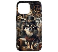 Carcasa para iPhone 16 Pro MAX Chihuahua de Pelo Largo Steampunk Científico Loco