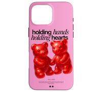 Carcasa para iPhone 16 Pro MAX Cogiendo la Mano sosteniendo Corazones - Diseño de Pareja de Oso de Goma Rojo