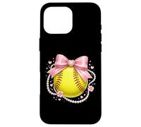 Carcasa para iPhone 16 Pro MAX Coquette Softball Lindo Lazo Rosa Collar De Perlas Estética