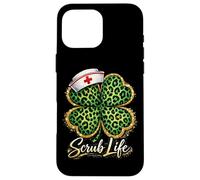 Carcasa para iPhone 16 Pro MAX Día de San Patricio Nurse Scrub Life Leopard Shamrock