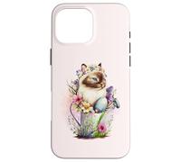 Carcasa para iPhone 16 Pro MAX Happy Easter Cat Easter Tea Cup Coffee Cat Siamese Floral