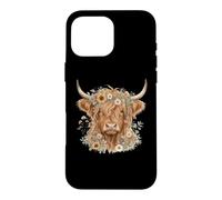 Carcasa para iPhone 16 Pro MAX Highland Cow Mom Corona Floral Girasol Daisy