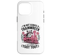 Carcasa para iPhone 16 Pro MAX Im Not Always a Trainwreck Cute Raccoon Pink Toot Train