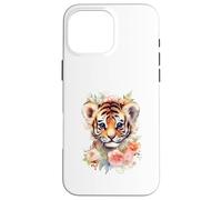 Carcasa para iPhone 16 Pro MAX Linda Acuarela bebé Tigre Cara Floral Selva Arte