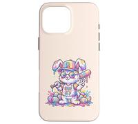 Carcasa para iPhone 16 Pro MAX Lindo Conejo de béisbol de Pascua arcoíris Goteo niños niños niños pequeños