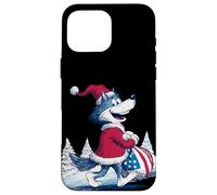 Carcasa para iPhone 16 Pro MAX Lobo Feliz con Bolsa de Papá Noel para Navidad Divertida