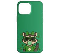 Carcasa para iPhone 16 Pro MAX Lucky Irish Raccoon Cute with Green Sunglasses and Gum
