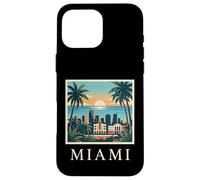 Carcasa para iPhone 16 Pro MAX Miami, Florida, costero, Ciudad, Horizonte, Retro, Puesta de Sol, Playa, Palmera