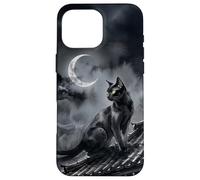 Carcasa para iPhone 16 Pro MAX Nekomata Yokai Gato Negro Luna Creciente Arte Sumi-e