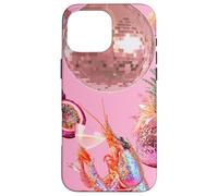Carcasa para iPhone 16 Pro MAX Pink Preppy Disco Ball Camarones Martini Cóctel Verano Divertido