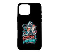 Carcasa para iPhone 16 Pro MAX Powered by Coffee and Long Shifts Humor Enfermera Turnos