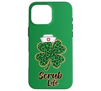 Carcasa para iPhone 16 Pro MAX Scrub Life Nurse Green Leopard Shamrock Día de San Patricio