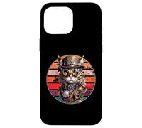 Carcasa para iPhone 16 Pro MAX Steampunk Cat Retro Sunset Gafas, Sombrero y Relojes