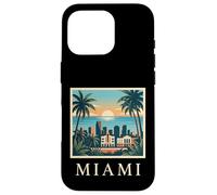 Carcasa para iPhone 16 Pro Miami, Florida, costero, Ciudad, Horizonte, Retro, Puesta de Sol, Playa, Palmera