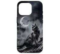 Carcasa para iPhone 16 Pro Nekomata Yokai Gato Negro Luna Creciente Arte Sumi-e